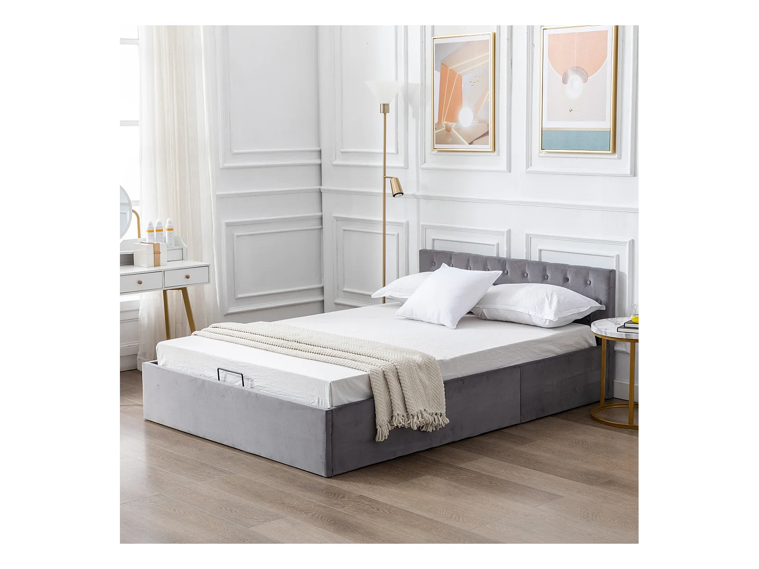 Lit en velours gris, 140×200 cm, tête de lit capitonnée, lit double avec rangement hydraulique, lattes