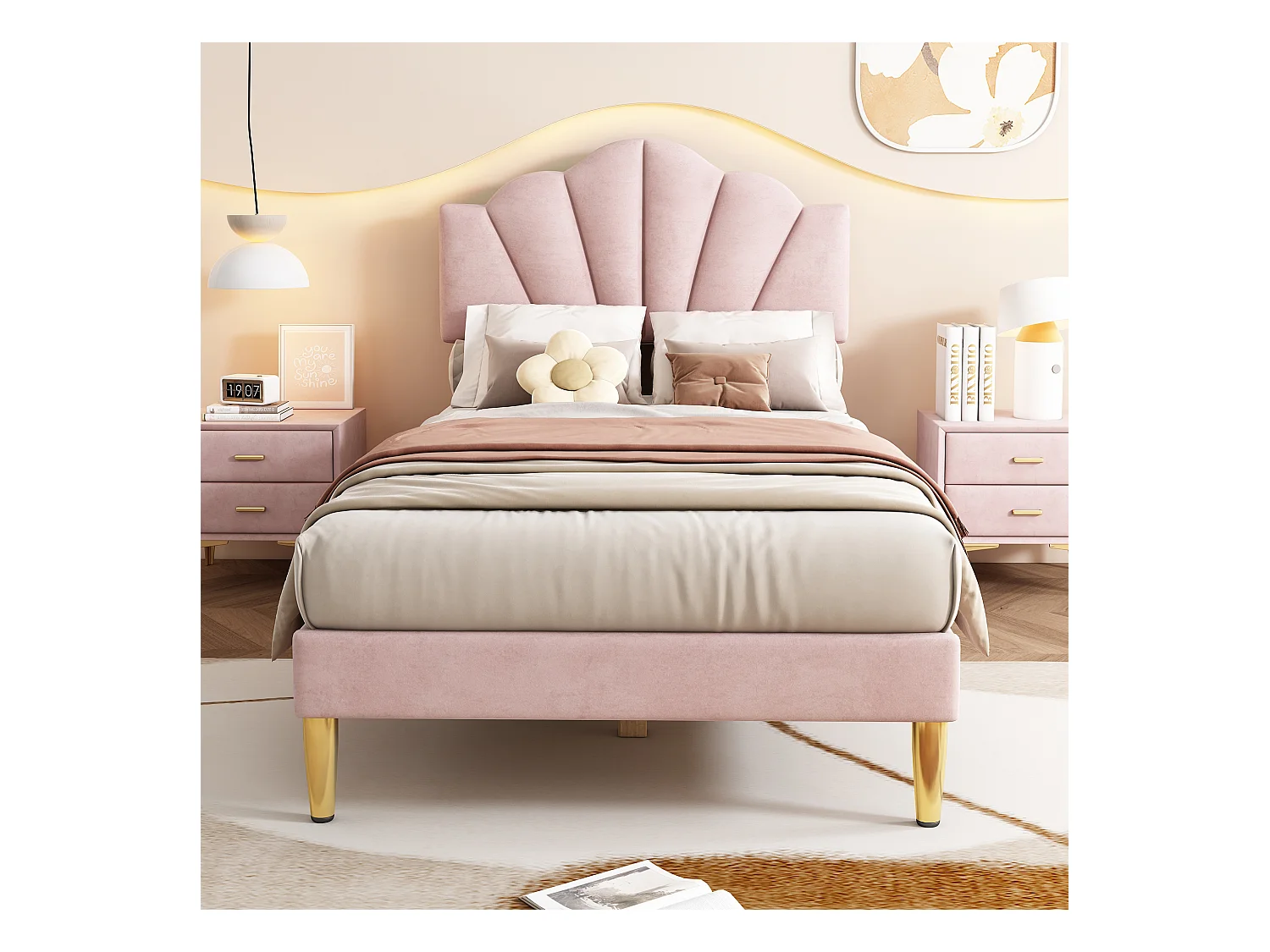 Lit en velours, 90×200 cm, rose, avec tête de lit réglable et pieds en fer doré, design élégant