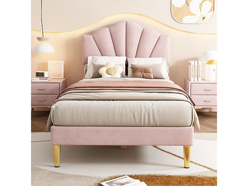 Lit en velours, 90×200 cm, rose, avec tête de lit réglable et pieds en fer doré, design élégant