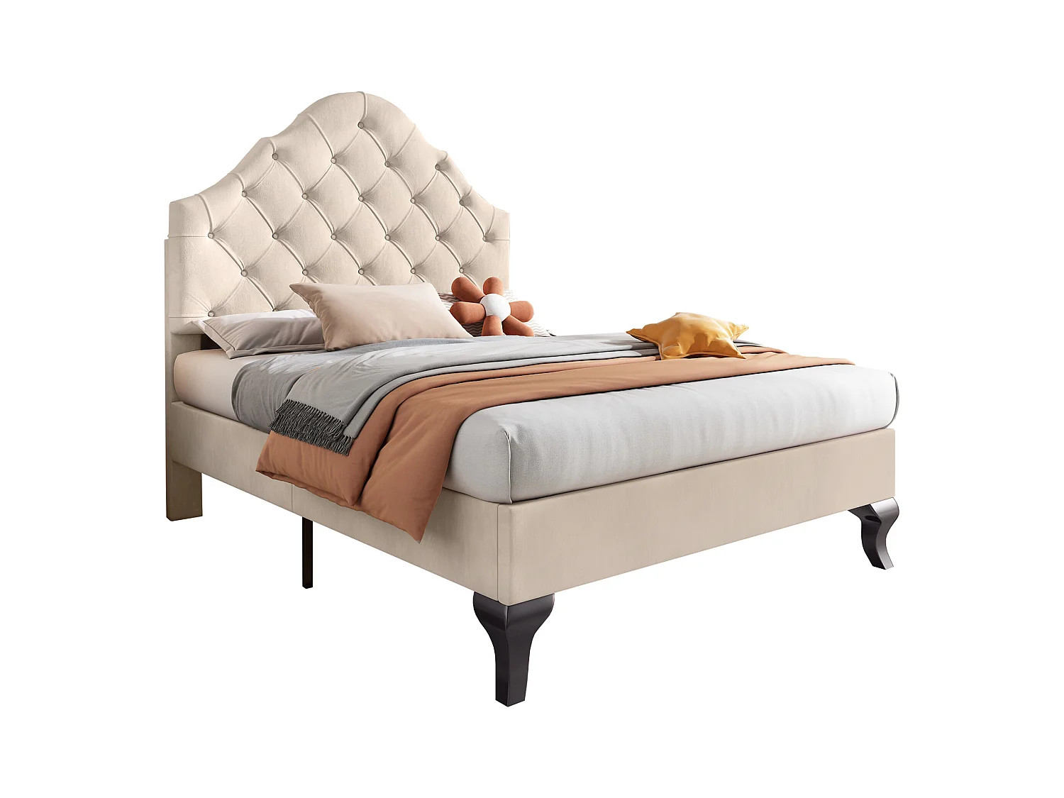 Lit rembourré 90×200 cm en velours beige avec tête de lit réglable et sommier à lattes