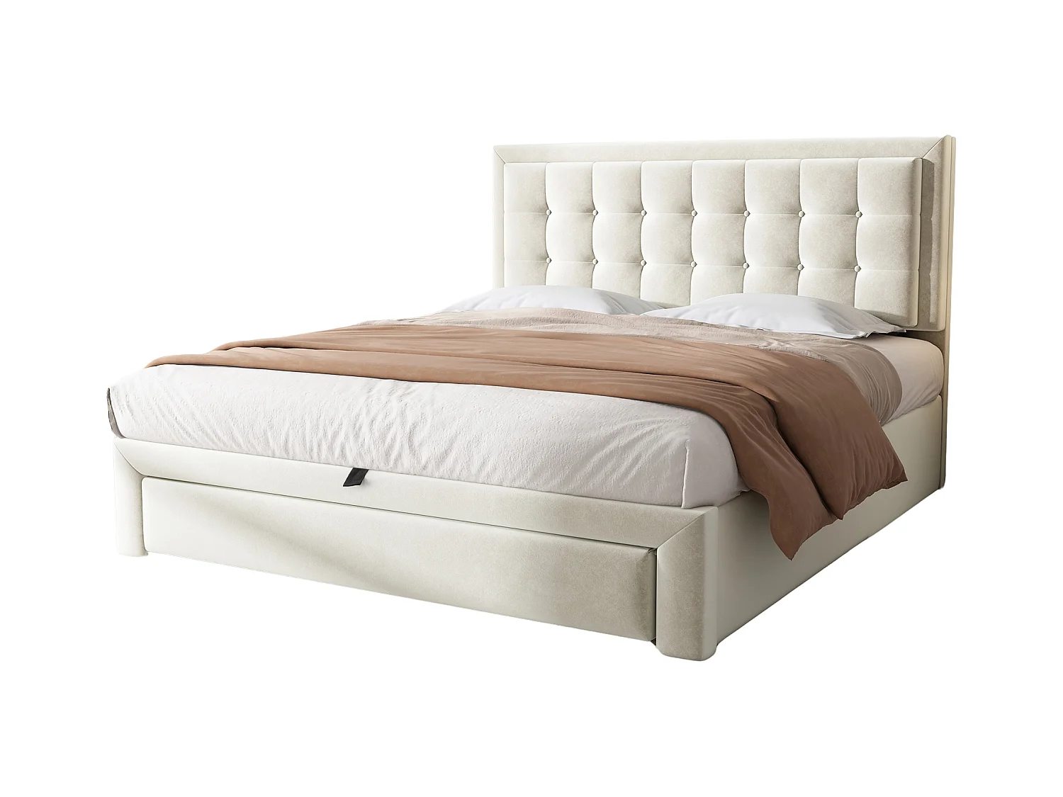 Lit rembourré 140×190 cm en velours beige avec tête de lit réglable et rangement pratique