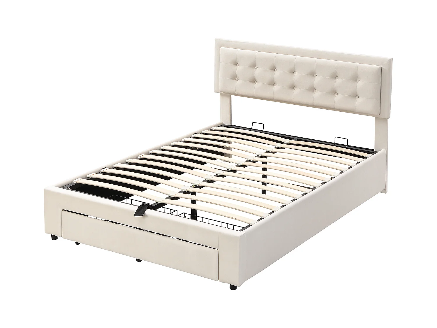 Lit rembourré 140×190 cm en velours beige avec tête de lit réglable et rangement pratique