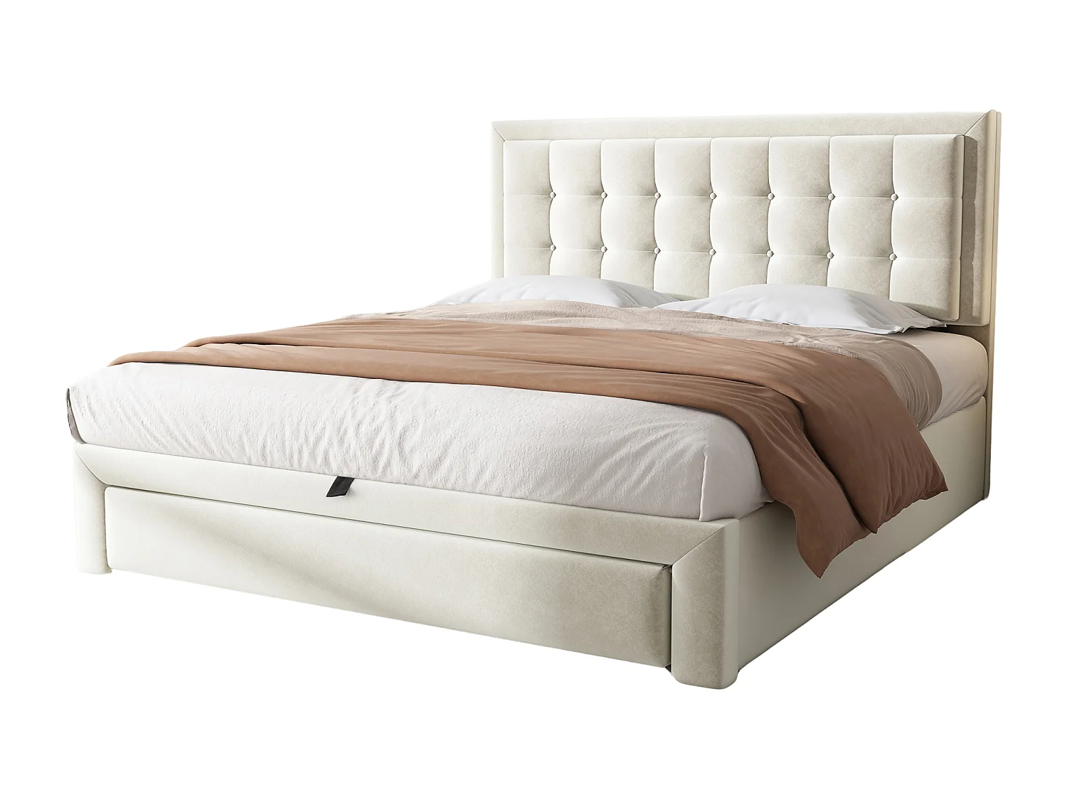 Lit rembourré 140×190 cm en velours beige avec tête de lit réglable et rangement pratique