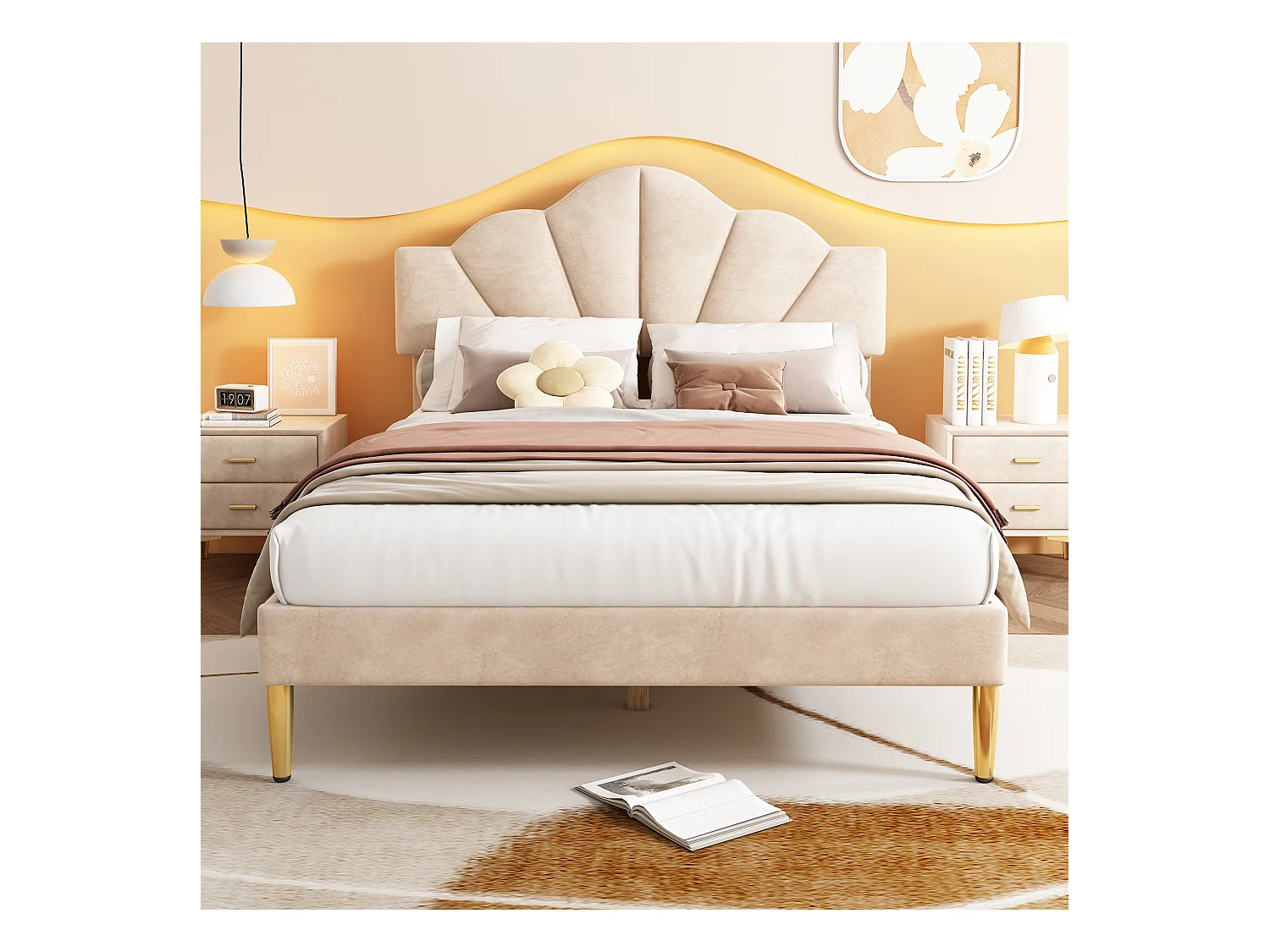 Lit rembourré en velours beige 140×190 cm avec tête de lit réglable et pieds en fer doré