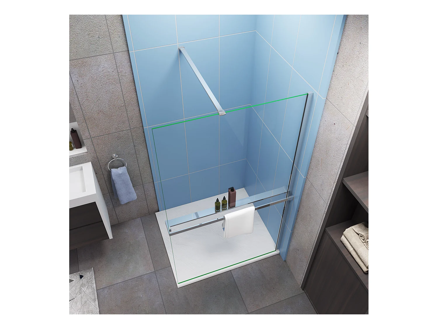 Paroi de douche à l'italienne Chrome 100x200cm - 8mm verre anticalcaire + Barre de fixation 140cm + Étagère de Douche 100cm