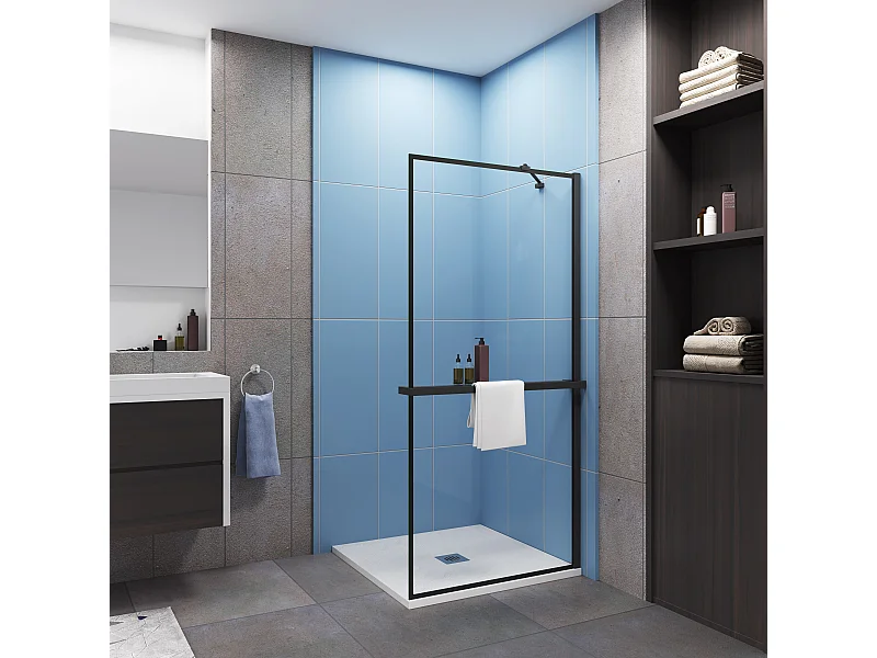 Paroi de douche à l'italienne 80x200cm - 8mm verre anticalcaire + Étagère de Douche 80cm alu noir + barre de fixation 73-120cm