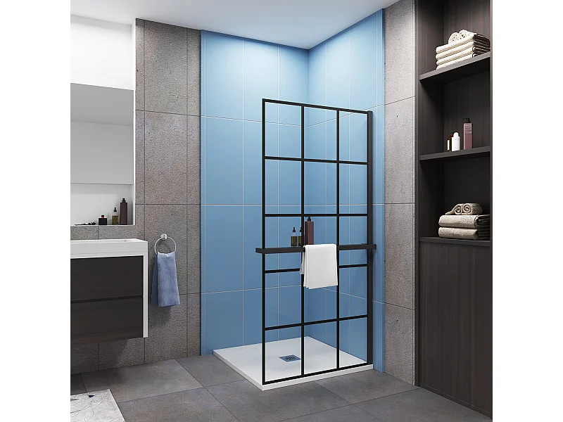 Paroi de douche à l'italienne noir 90x200cm + Étagère de Douche 90cm en alu - 8mm Verre coloré anticalcaire