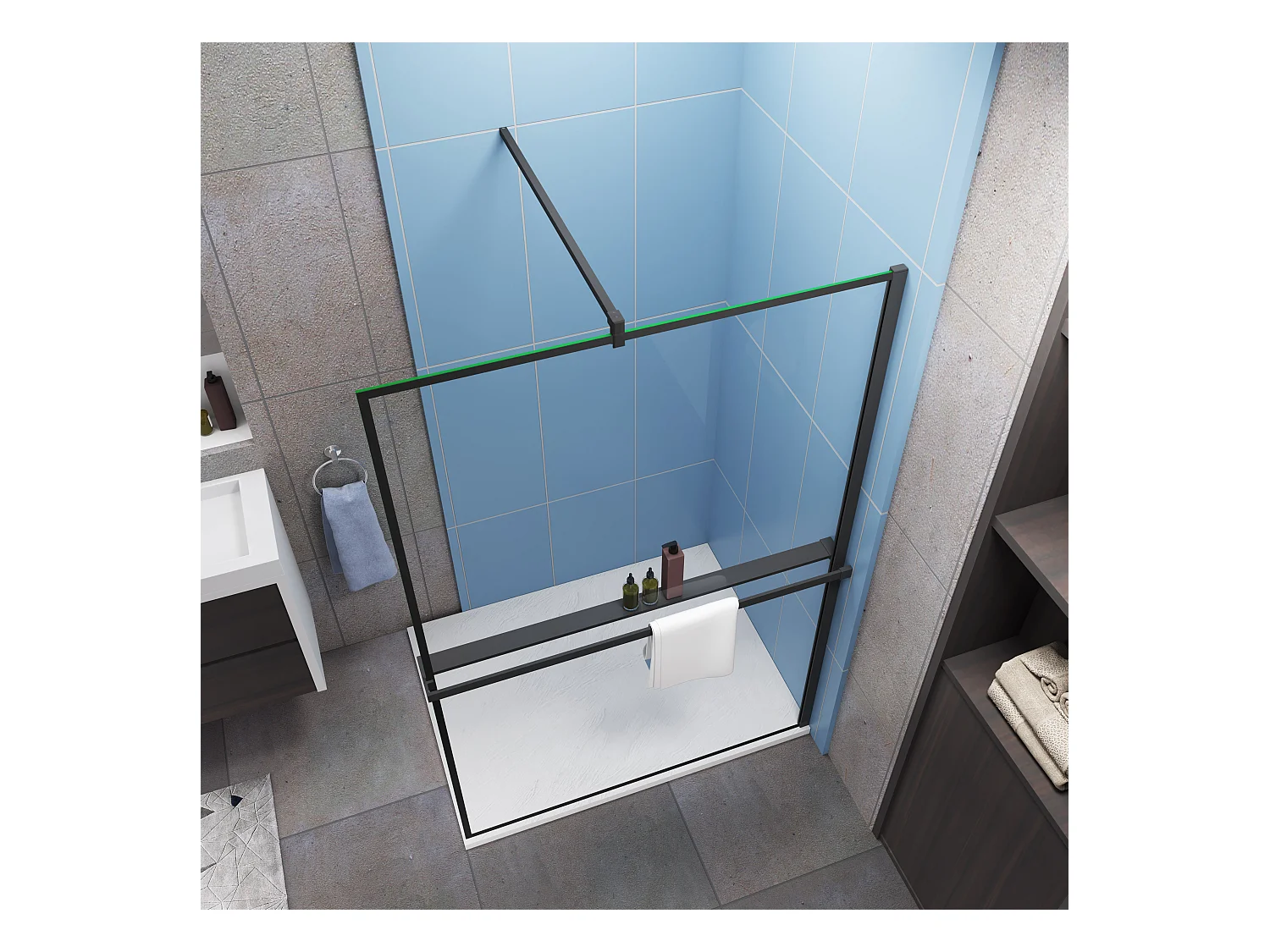 Paroi de douche à l'italienne Avec Étagère de Douche 140cm en alu noir - 140x200cm - 8mm verre anticalcaire + barre de fixation noir 140cm