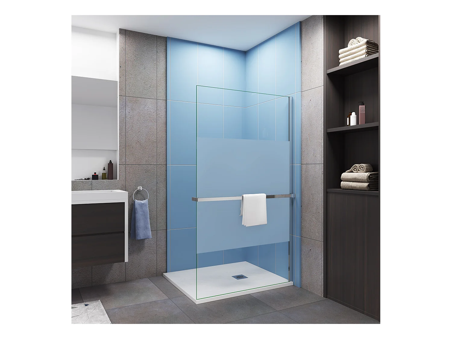 Paroi de douche à l'italienne Chrome 100x200cm - anticalcaire verre 8mm bande central dépoli Avec Étagère de Douche 100cm en alu chrome
