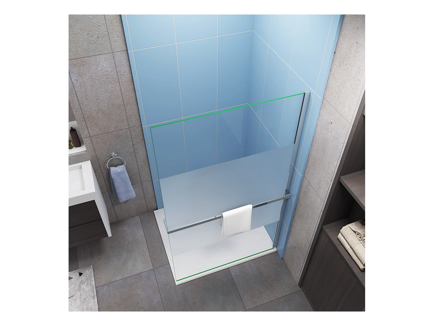 Paroi de douche à l'italienne Chrome 100x200cm - anticalcaire verre 8mm bande central dépoli Avec Étagère de Douche 100cm en alu chrome