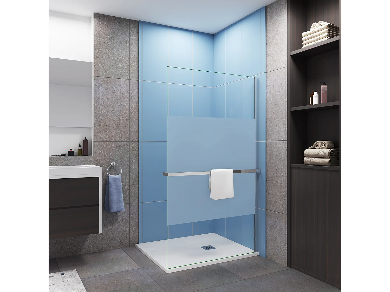 Paroi de douche à l'italienne Chrome 100x200cm - anticalcaire verre 8mm bande central dépoli Avec Étagère de Douche 100cm en alu chrome