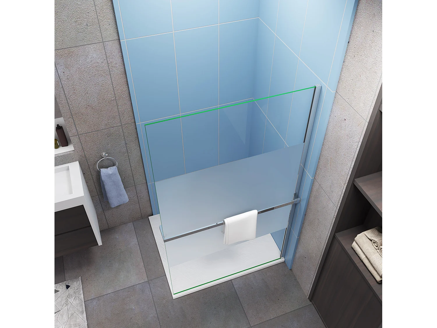 Paroi de douche à l'italienne Chrome 100x200cm - anticalcaire verre 8mm bande central dépoli Avec Étagère de Douche 100cm en alu chrome