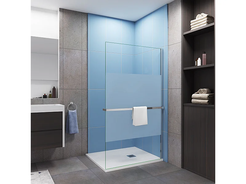 Paroi de douche à l'italienne Chrome 100x200cm - anticalcaire verre 8mm bande central dépoli Avec Étagère de Douche 100cm en alu chrome