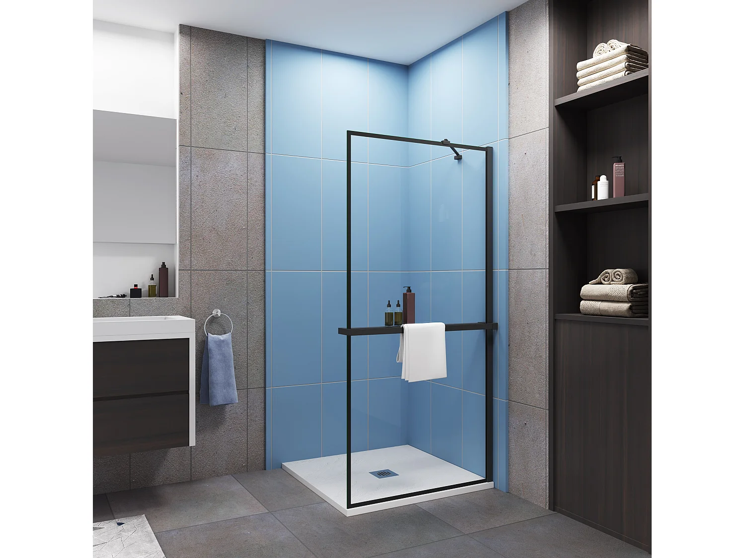 90x200cm inloopdouchewand - 8mm antikalkglas + 90cm zwarte aluminium doucheplank + 73-120cm montagestang