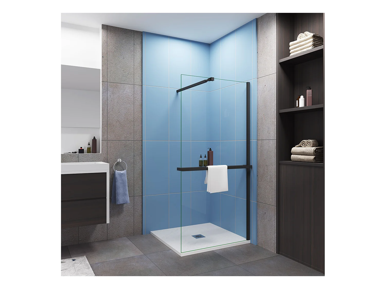 Paroi de douche fixe 80x200 cm + barre de fixation 73-120cm + Étagère de Douche 80cm en alu - verre 8 mm anticalcaire - Noir mat