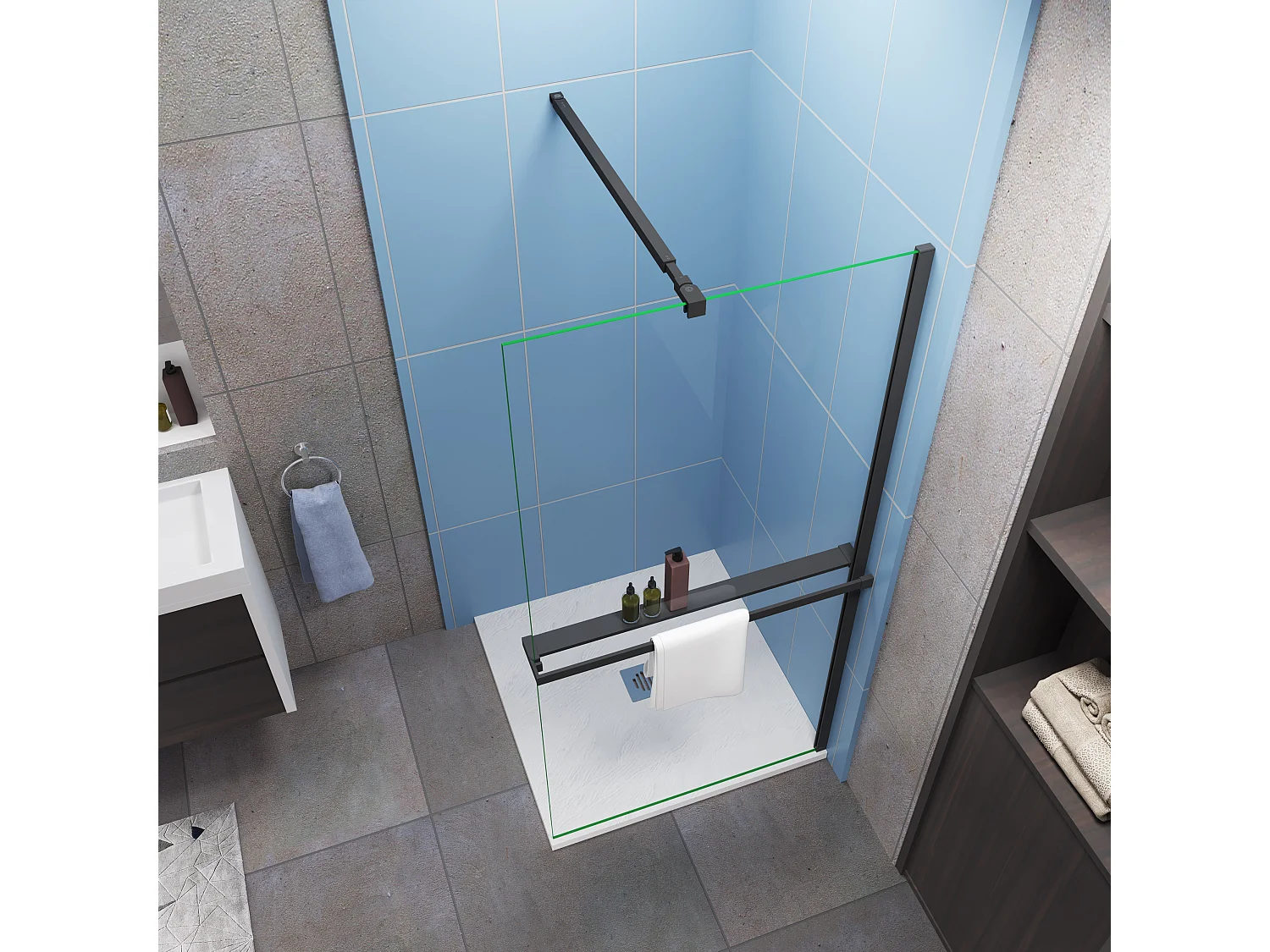 Paroi de douche fixe 80x200 cm + barre de fixation 73-120cm + Étagère de Douche 80cm en alu - verre 8 mm anticalcaire - Noir mat