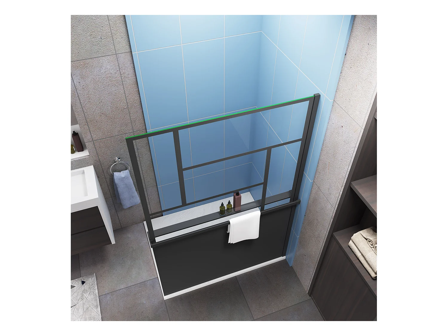 Paroi de douche 120x200cm style industriel + Étagère de Douche 120cm en alu noir + 8mm verre anticalcaire