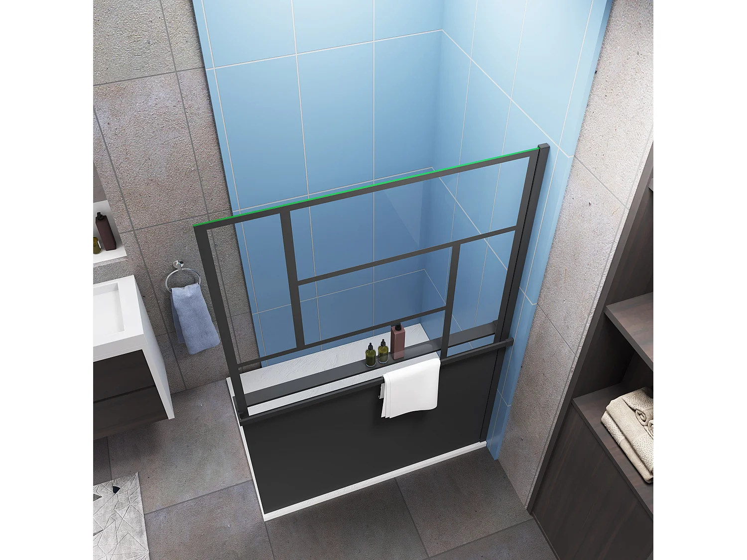 Paroi de douche 120x200cm style industriel + Étagère de Douche 120cm en alu noir + 8mm verre anticalcaire