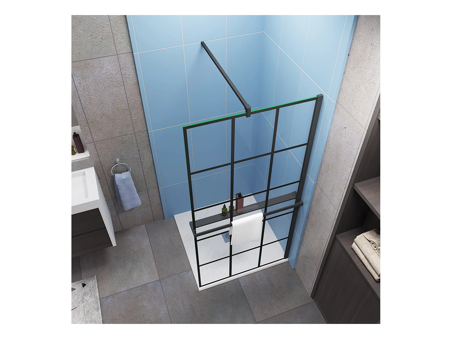 Paroi de douche à l'italienne noir 90x200cm + Étagère de Douche 90cm en alu - 8mm Verre anticalcaire avec barre de fixation noir 90cm