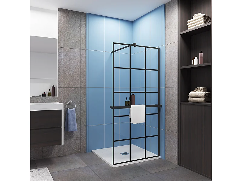 Paroi de douche à l'italienne noir 90x200cm + Étagère de Douche 90cm en alu - 8mm Verre anticalcaire avec barre de fixation noir 90cm