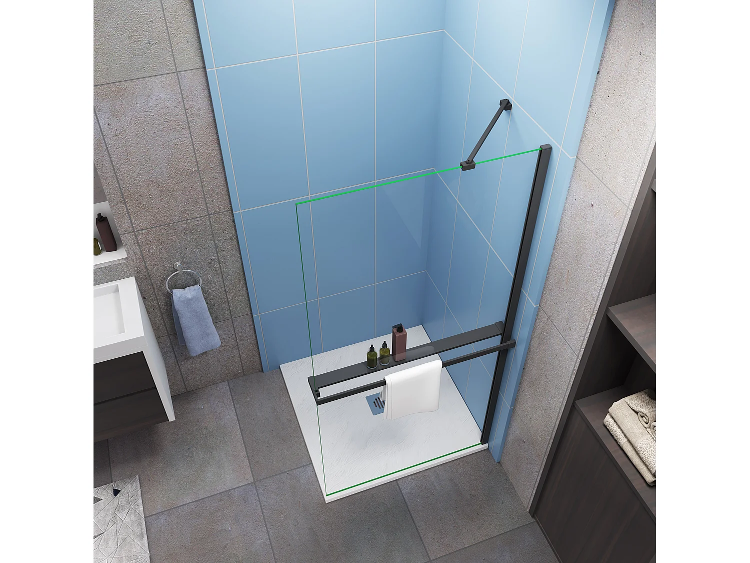 Paroi de douche fixe 100x200 cm - verre 8 mm anticalcaire - Noir mat + Étagère de Douche 100cm en alu + barre de fixation 45cm