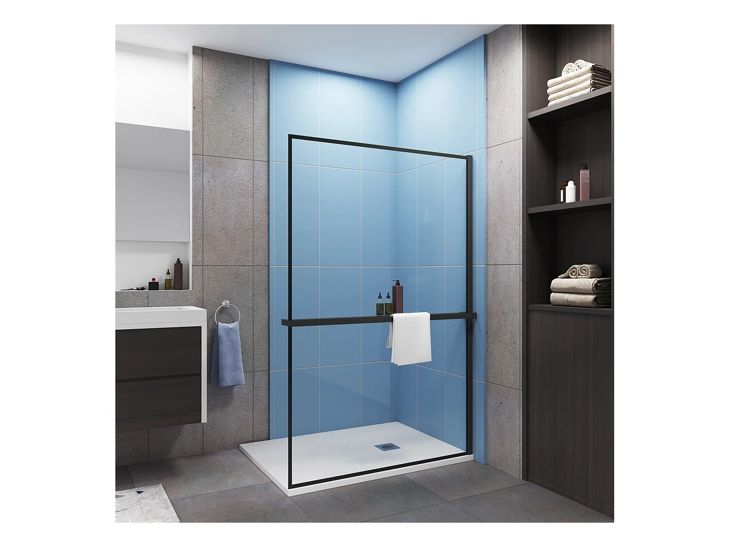 Paroi de douche à l'italienne profilé noir 140x200cm - 8mm verre anticalcaire Avec Étagère de Douche 140cm en alu noir
