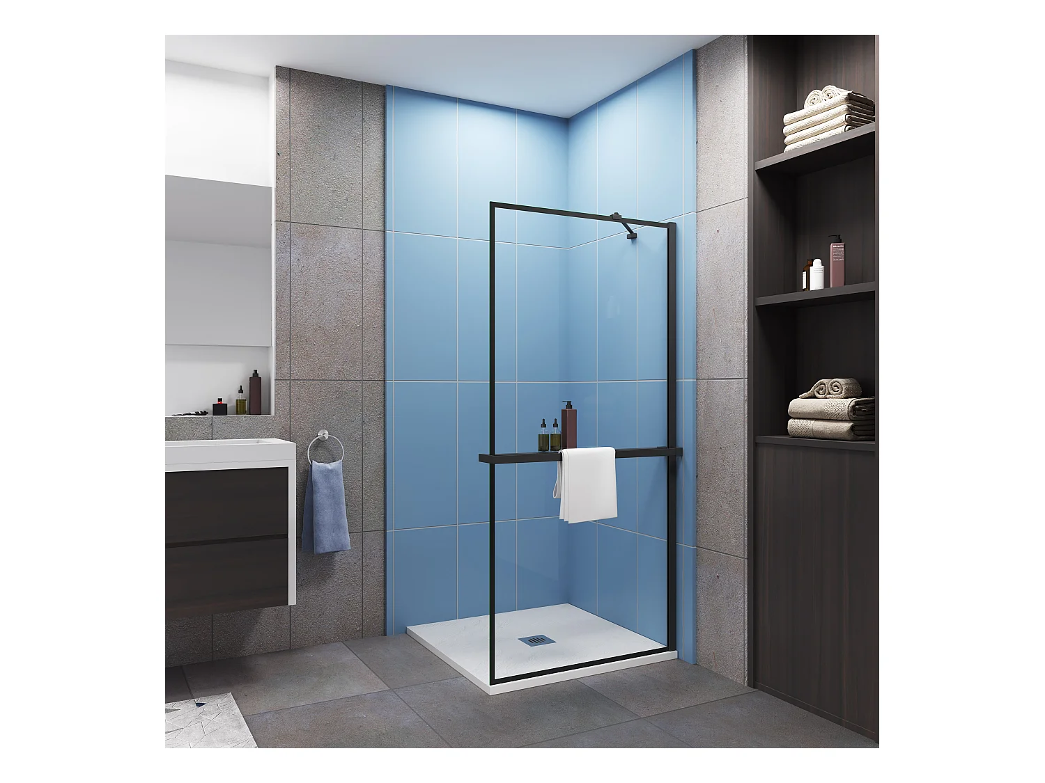 Paroi de douche à l'italienne noir 90x200cm - 8mm verre anticalcaire Avec Étagère de Douche 90cm en alu noir + barre de fixation noir 45cm