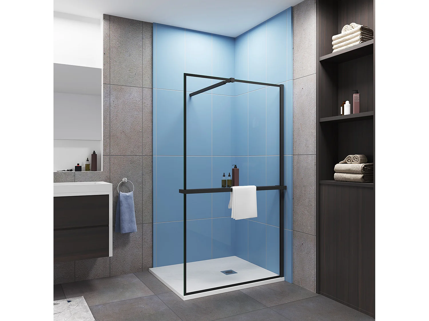 Paroi de douche à l'italienne noir 100x200cm - 8mm verre anticalcaire Avec Étagère de Douche 100cm en alu noir + barre de fixation noir 45cm