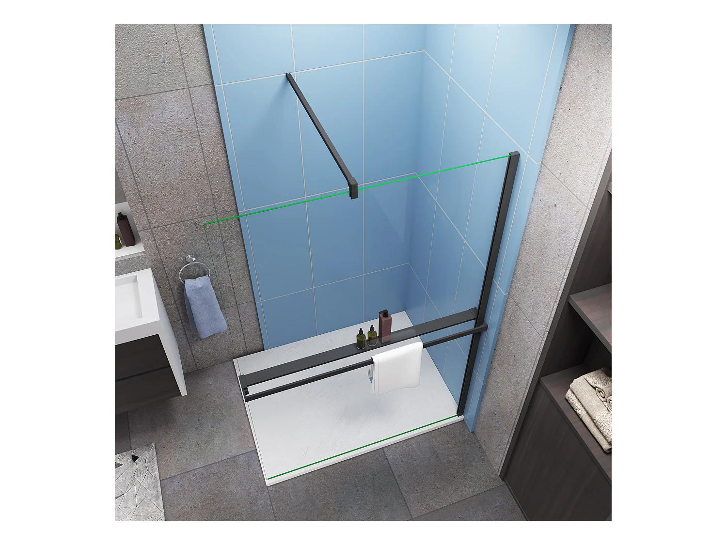 Paroi de douche fixe 140x200 cm + Barre de fixation 90 cm avec pince + Étagère de Douche 140cm en alu - verre 8 mm anticalcaire - Noir mat