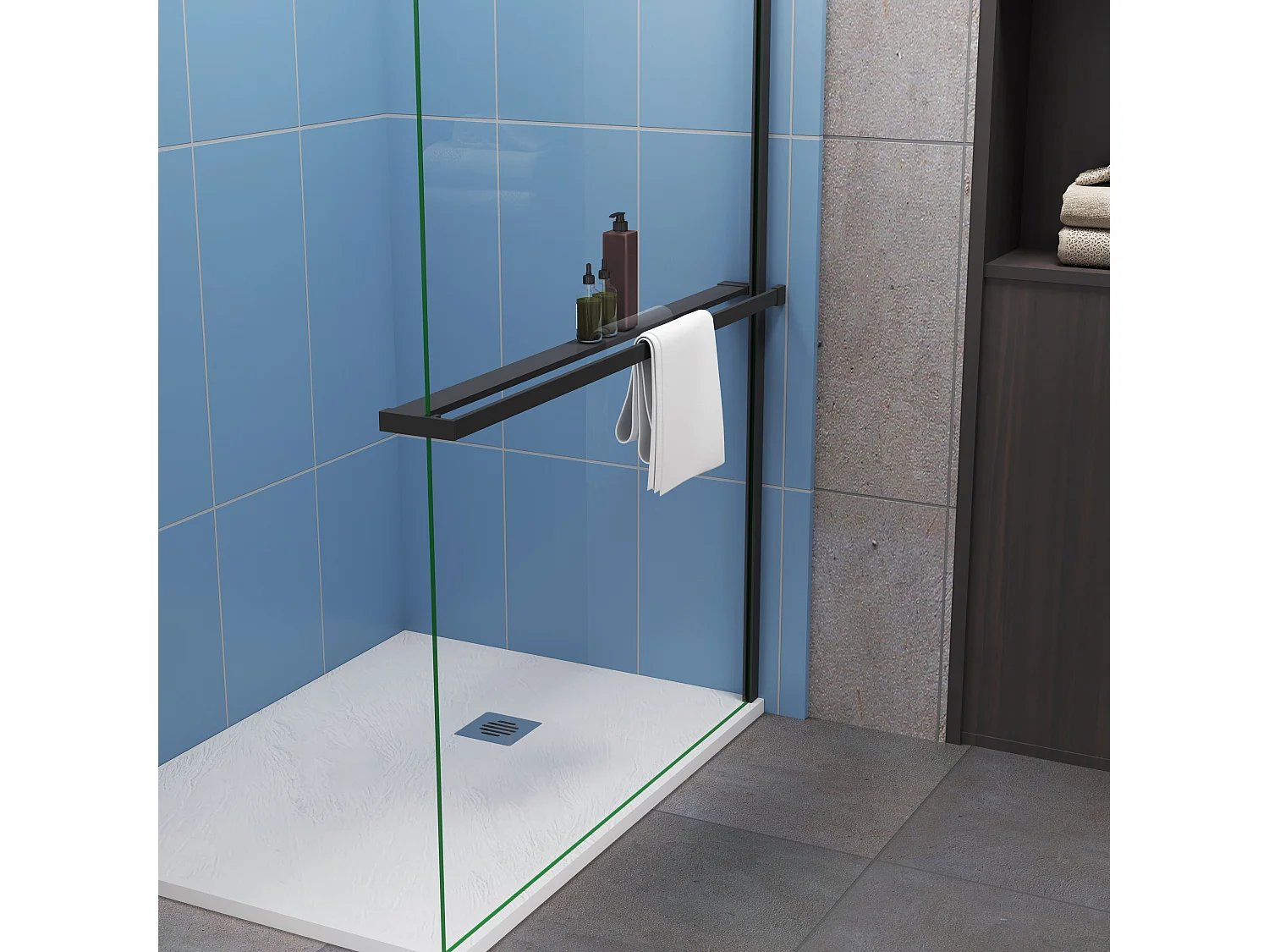 Étagère de Douche pour Paroi de Douche - Alu Noir 140 cm - Compatible Verre 8 mm, Capacité de Charge 5 kg, Accessoires Salle de Bain