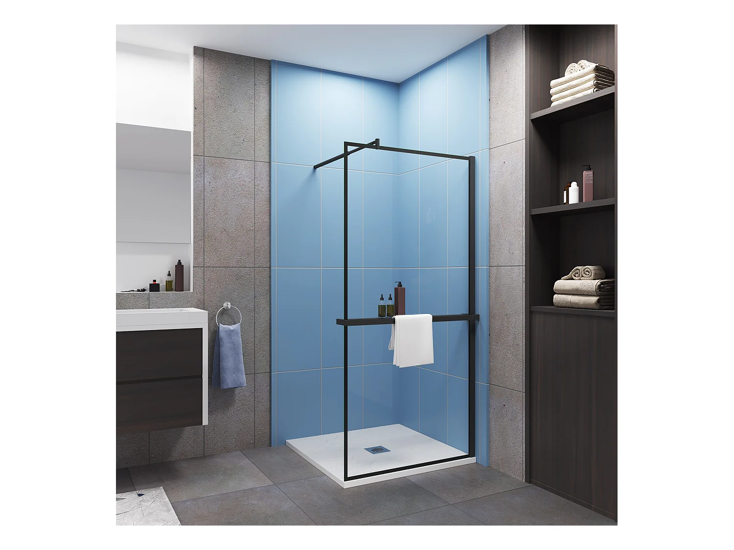 Paroi de douche à l'italienne noir 80x200cm - 8mm verre anticalcaire Avec Étagère de Douche 80cm en alu noir + barre de fixation noir 70-120cm