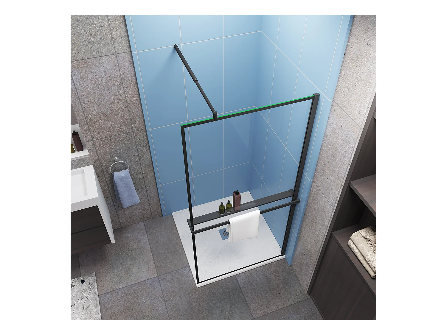 Paroi de douche à l'italienne noir 80x200cm - 8mm verre anticalcaire Avec Étagère de Douche 80cm en alu noir + barre de fixation noir 70-120cm
