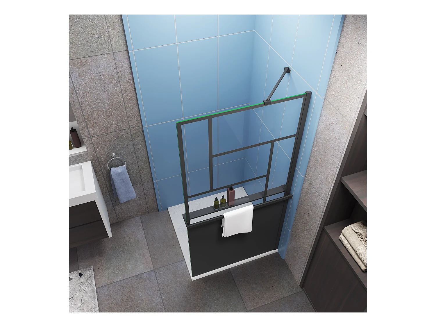 Paroi de douche 90x200cm style industriel + Étagère de Douche 90cm en alu noir + 8mm verre anticalcaire + barre de fixation 45cm