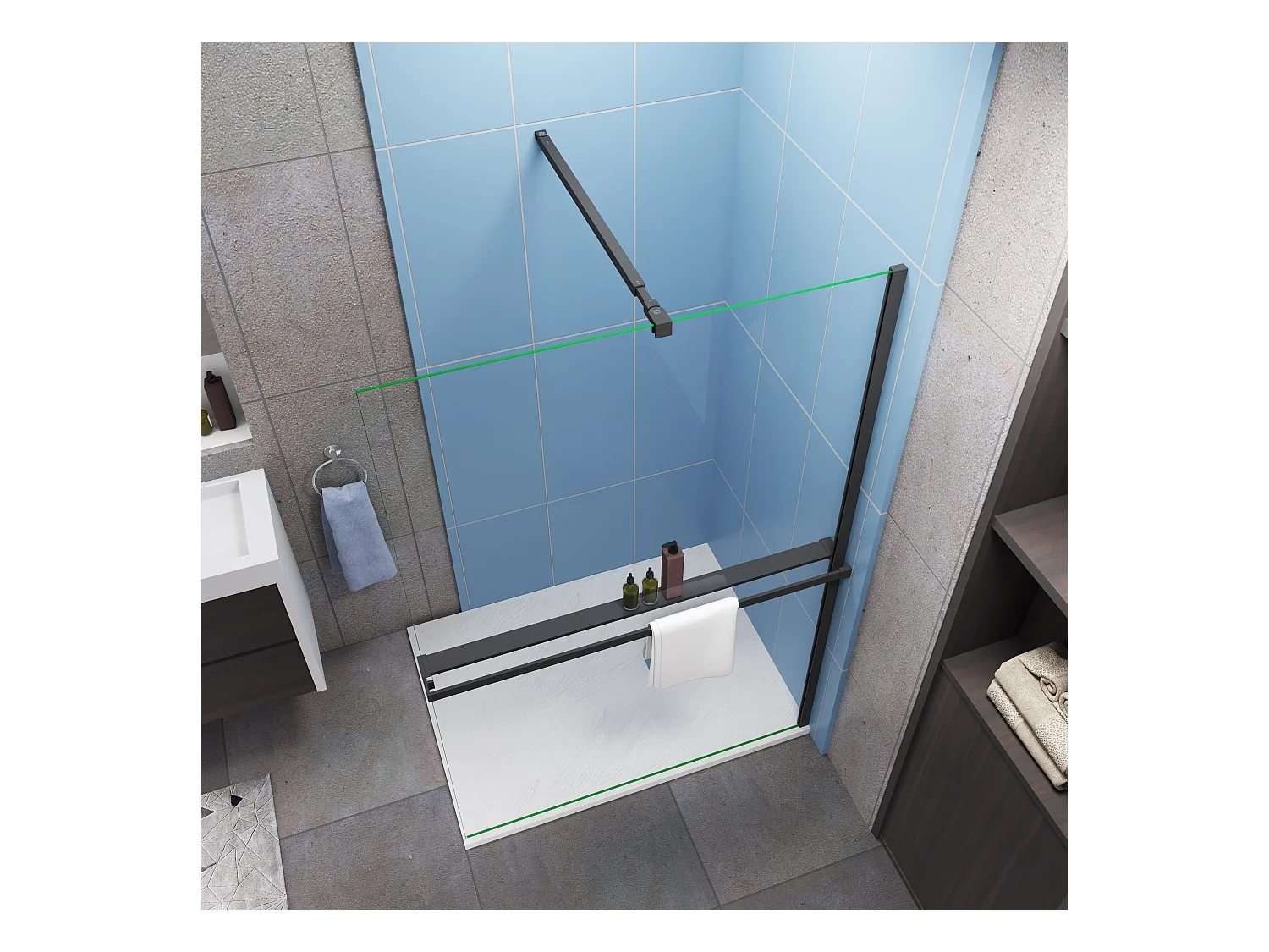 Paroi de douche fixe 120x200 cm + barre de fixation 73-120cm + Étagère de Douche 120cm alu - verre 8 mm anticalcaire - Noir mat