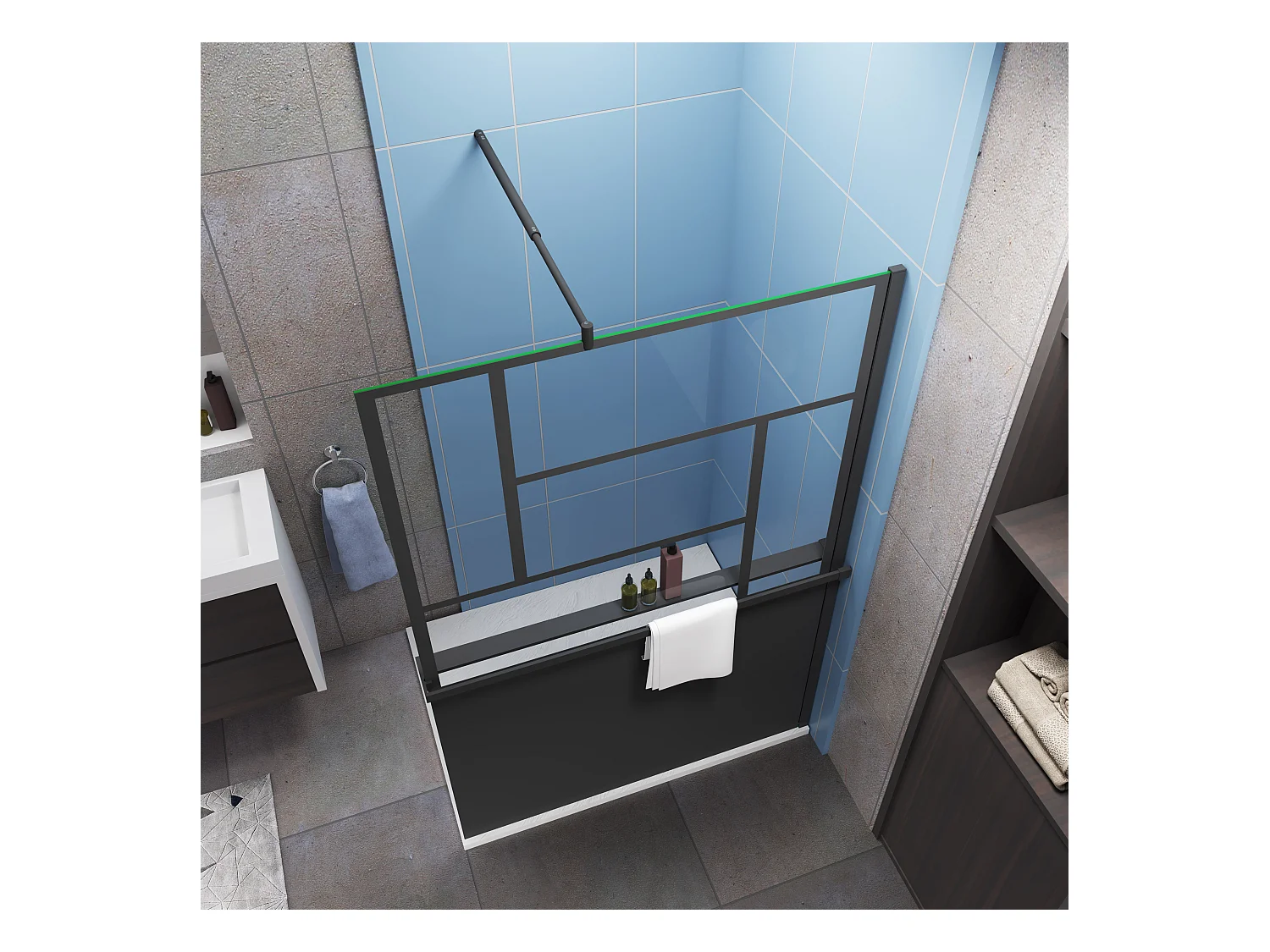 Paroi de douche 120x200cm style industriel + Étagère de Douche 120cm alu noir + 8mm verre anticalcaire + barre fixation 70-120cm