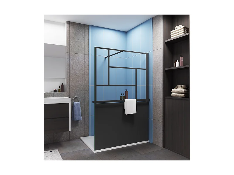 120x200cm industriële douchewand + 120cm zwarte aluminium doucheplank + 8mm antikalkglas + 90cm montagestang