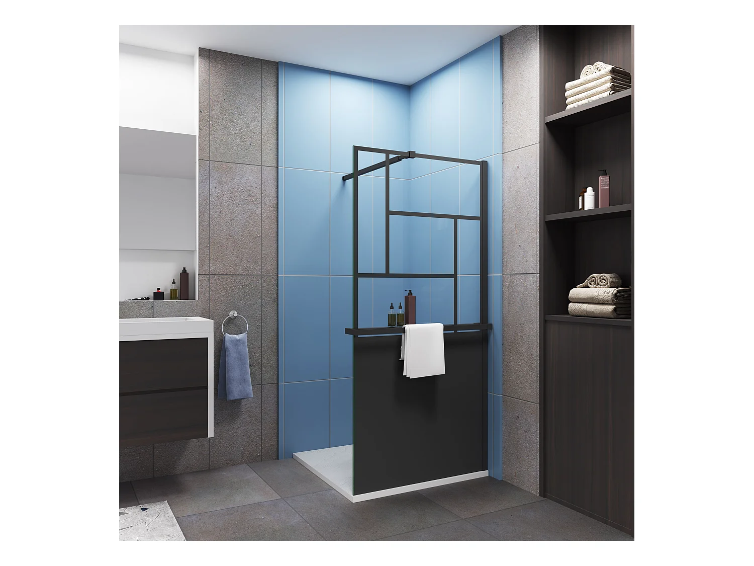 Paroi de douche 90x200cm style industriel + Étagère de Douche 90cm alu noir + 8mm verre anticalcaire + barre fixation 73-120cm