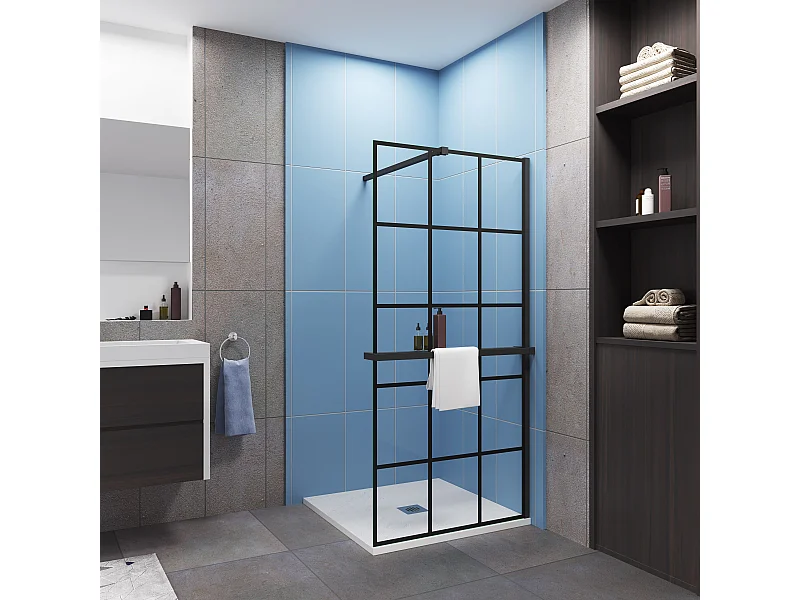 Paroi de douche à l'italienne noir 90x200cm + Étagère de Douche 90cm en alu - 8mm Verre coloré anticalcaire avec barre de fixation noir 73-120cm