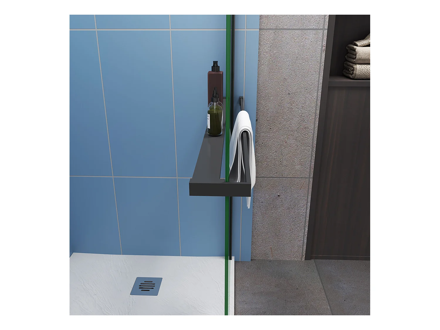 Paroi de douche fixe Noir 100 x 200cm - 8mm verre anticalcaire Style moderne + Étagère de Douche 100cm en alu + barre de fixation 73-120cm