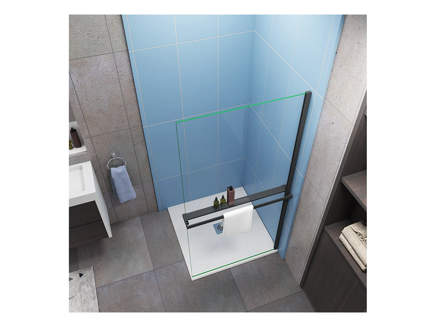 Paroi de douche fixe 90x200 cm - verre 8 mm anticalcaire - Noir mat + Étagère de Douche 90cm en alu