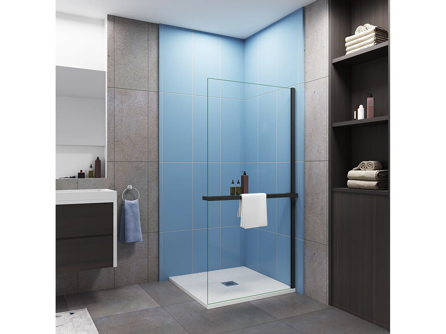 Paroi de douche fixe 90x200 cm - verre 8 mm anticalcaire - Noir mat + Étagère de Douche 90cm en alu