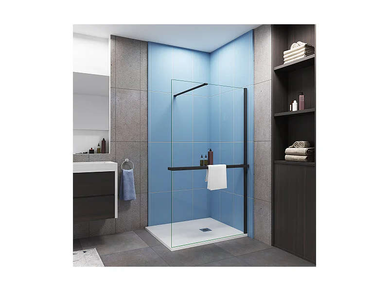 Paroi de douche fixe 9100x200 cm + barre de fixation 90cm + Étagère de Douche 100cm en alu - verre 8 mm anticalcaire - Noir mat