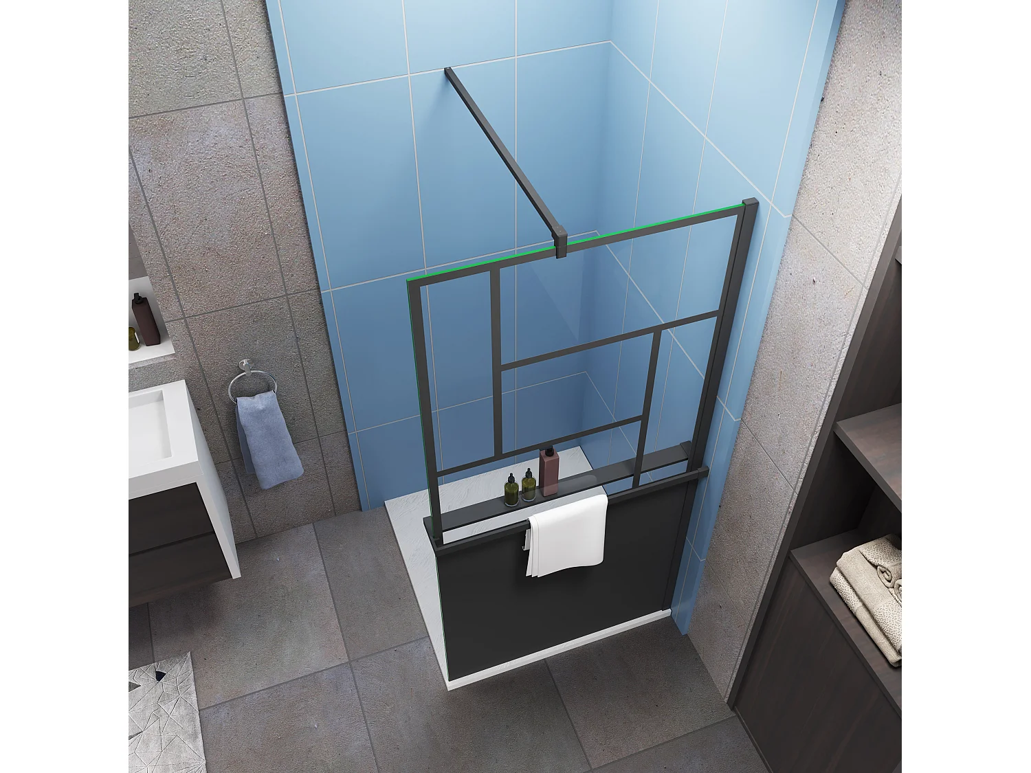 Paroi de douche 90x200cm style industriel + Étagère Douche 90cm noir + 8mm verre anticalcaire + barre fixation avec pince 140cm