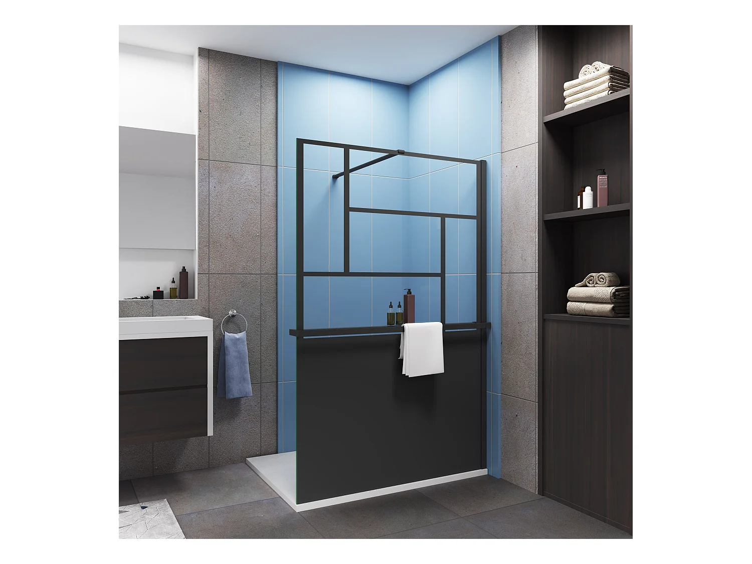 Paroi de douche 100x200cm style industriel + Étagère de Douche 100cm alu noir + 8mm verre anticalcaire + barre de fixation 140cm