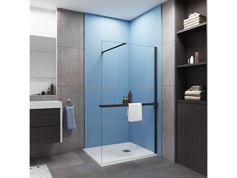 Paroi de douche fixe 90x200 cm + barre de fixation 90cm + Étagère de Douche 90cm en alu - verre 8 mm anticalcaire - Noir mat