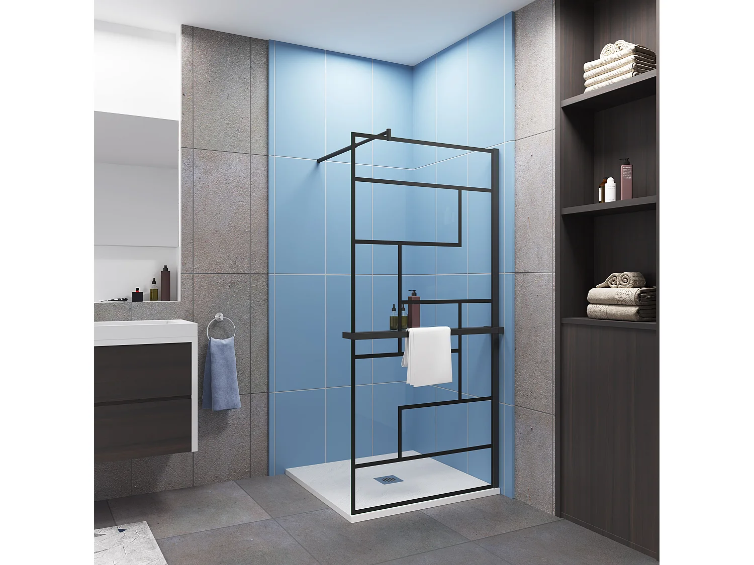 Paroi de douche fixe Noir 100 x 200cm - 8mm verre anticalcaire Style moderne + Étagère de Douche 100cm en alu + barre de fixation 70-120cm