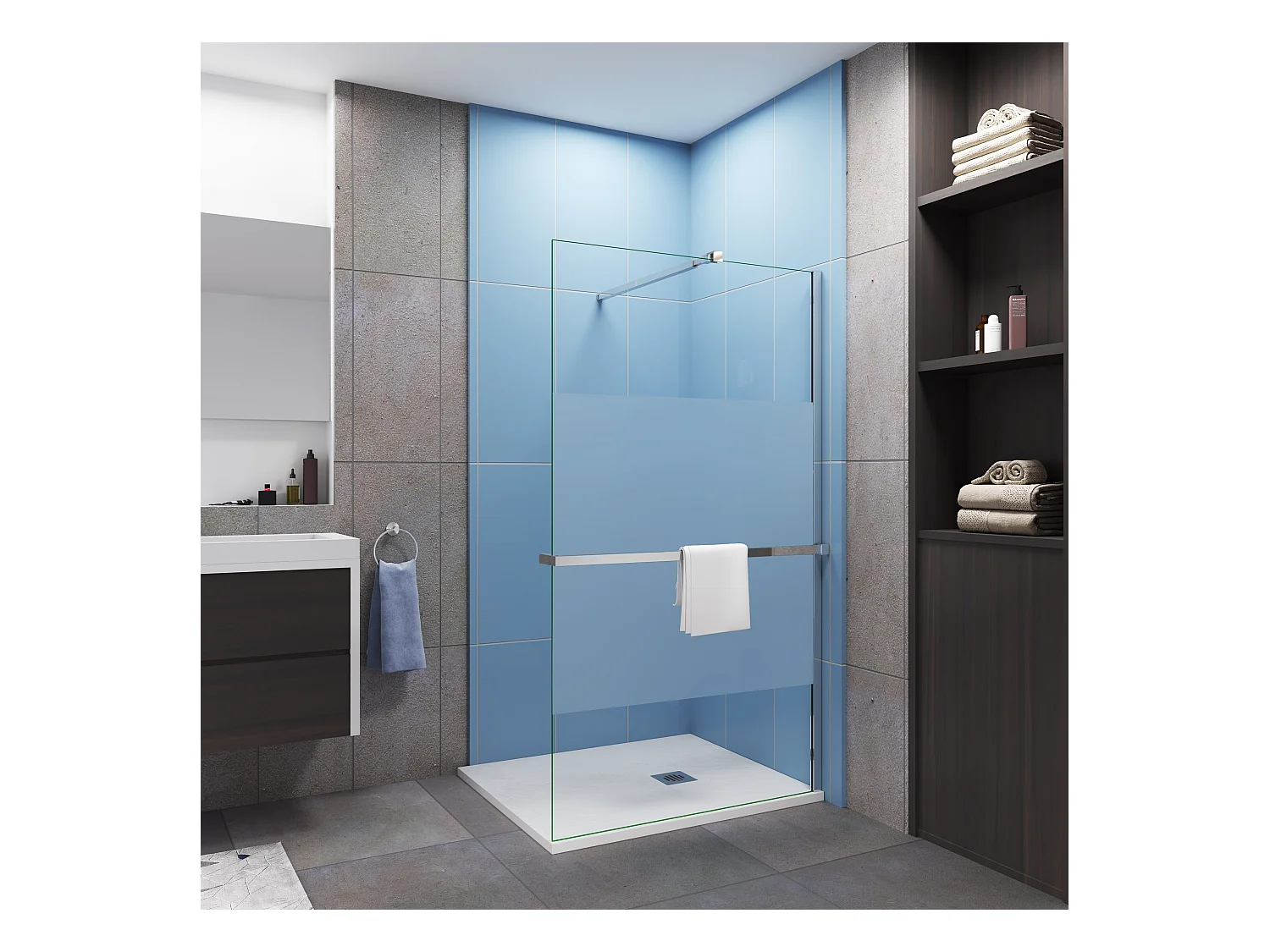 Paroi de douche Chrome 100x200cm - verre 8mm bande central dépoli + barre de extensible de 73-120cm + Étagère de Douche 100cm en alu
