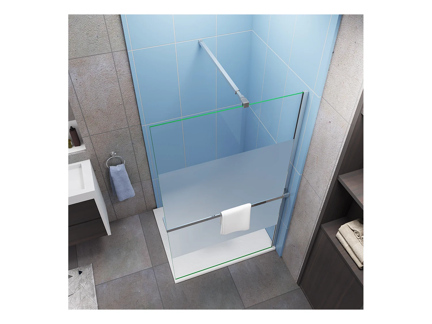 Paroi de douche Chrome 100x200cm - verre 8mm bande central dépoli + barre de extensible de 73-120cm + Étagère de Douche 100cm en alu
