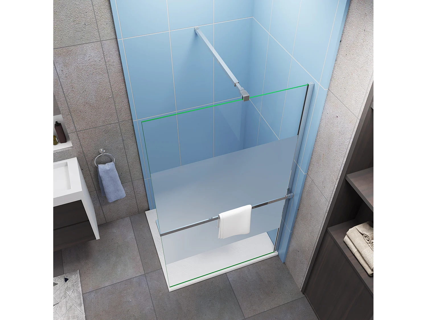 Paroi de douche Chrome 100x200cm - verre 8mm bande central dépoli + barre de extensible de 73-120cm + Étagère de Douche 100cm en alu