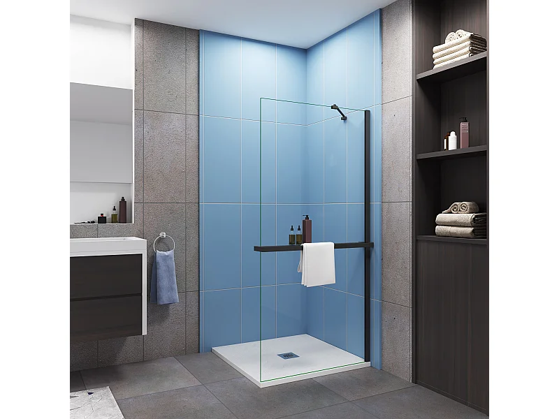 Paroi de douche fixe 90x200 cm - verre 8 mm anticalcaire - Noir mat + Étagère de Douche 90cm en alu + barre de fixation 45cm